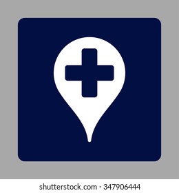 Medical Map Marker vector icon. Style is flat rounded square button, white and dark blue colors, silver background.