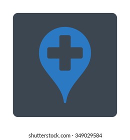 Medical Map Marker vector icon. Style is flat rounded square button, smooth blue colors, white background.