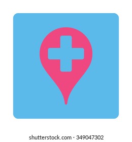 Medical Map Marker vector icon. Style is flat rounded square button, pink and blue colors, white background.