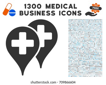 Medical Map Markers grey vector icon with 1300 clinic commercial pictograms. Set style is flat bicolor light blue and gray pictograms.