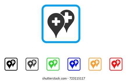 Medical Map Markers icon. Flat iconic symbol inside a rounded square. Black, gray, green, blue, red, orange color versions of Medical Map Markers vector. Designed for web and application interfaces.