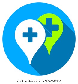 Medical Map Markers long shadow icon. Style is a light flat symbol with rounded angles on a blue round button.