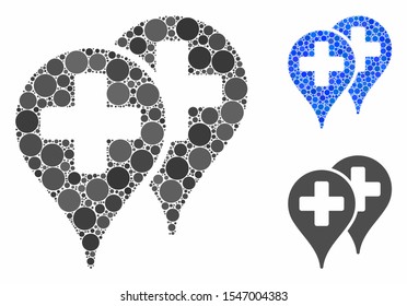 Medical map markers mosaic of round dots in various sizes and color hues, based on medical map markers icon. Vector round dots are organized into blue composition.