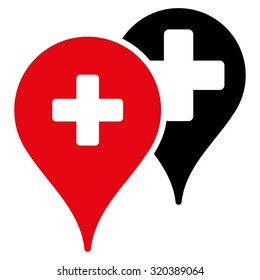 Medical Map Markers vector icon. Style is bicolor flat symbol, intensive red and black colors, rounded angles, white background.