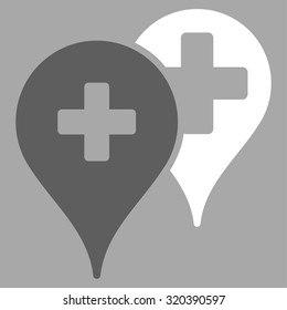 Medical Map Markers vector icon. Style is bicolor flat symbol, dark gray and white colors, rounded angles, silver background.
