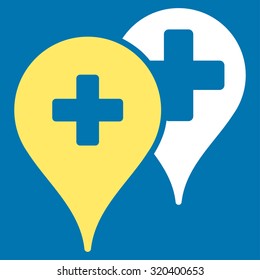Medical Map Markers vector icon. Style is bicolor flat symbol, yellow and white colors, rounded angles, blue background.