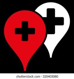 Medical Map Markers vector icon. Style is bicolor flat symbol, red and white colors, rounded angles, black background.