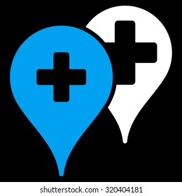 Medical Map Markers vector icon. Style is bicolor flat symbol, blue and white colors, rounded angles, black background.