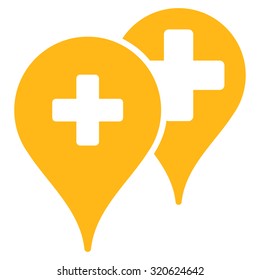 Medical Map Markers vector icon. Style is flat symbol, yellow color, rounded angles, white background.