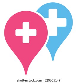 Medical Map Markers vector icon. Style is bicolor flat symbol, pink and blue colors, rounded angles, white background.