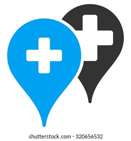 Medical Map Markers vector icon. Style is bicolor flat symbol, blue and gray colors, rounded angles, white background.