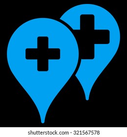 Medical Map Markers vector icon. Style is flat symbol, blue color, rounded angles, black background.