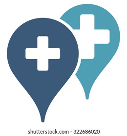 Medical Map Markers vector icon. Style is bicolor flat symbol, cyan and blue colors, rounded angles, white background.