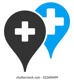 Medical Map Markers vector icon. Style is bicolor flat symbol, blue and gray colors, rounded angles, white background.