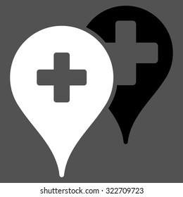 Medical Map Markers vector icon. Style is bicolor flat symbol, black and white colors, rounded angles, gray background.