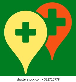 Medical Map Markers vector icon. Style is bicolor flat symbol, orange and yellow colors, rounded angles, green background.