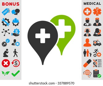 Medical Map Markers vector icon with bonus. Style is bicolor flat symbol, eco green and gray colors, rounded angles, white background.