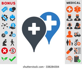 Medical Map Markers vector icon with bonus. Style is bicolor flat symbol, smooth blue colors, rounded angles, white background.