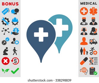 Medical Map Markers vector icon with bonus. Style is bicolor flat symbol, cyan and blue colors, rounded angles, white background.