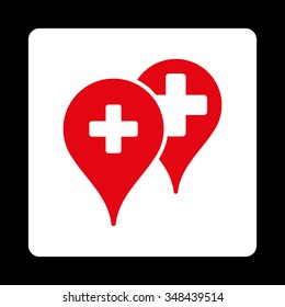 Medical Map Markers vector icon. Style is flat rounded square button, red and white colors, black background.