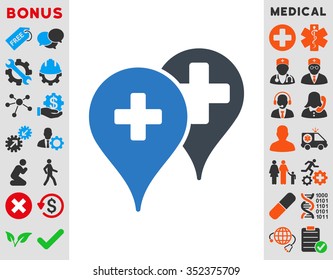 Medical Map Markers vector icon. Style is bicolor flat symbol, smooth blue colors, rounded angles, white background.