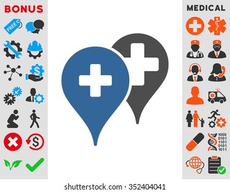 Medical Map Markers vector icon. Style is bicolor flat symbol, cobalt and gray colors, rounded angles, white background.