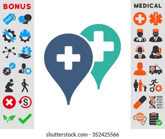 Medical Map Markers vector icon. Style is bicolor flat symbol, cobalt and cyan colors, rounded angles, white background.