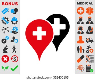 Medical Map Markers vector icon. Style is bicolor flat symbol, intensive red and black colors, rounded angles, white background.