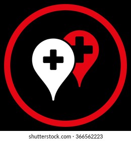 Medical Map Markers vector icon. Style is bicolor flat circled symbol, red and white colors, rounded angles, black background.