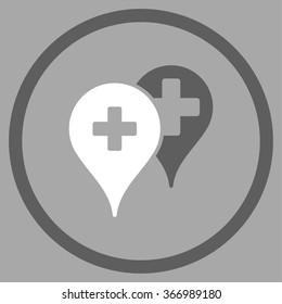 Medical Map Markers vector icon. Style is bicolor flat circled symbol, dark gray and white colors, rounded angles, silver background.