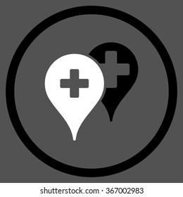 Medical Map Markers vector icon. Style is bicolor flat circled symbol, black and white colors, rounded angles, gray background.