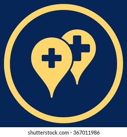 Medical Map Markers vector icon. Style is flat circled symbol, yellow color, rounded angles, blue background.