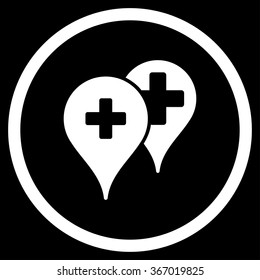 Medical Map Markers vector icon. Style is flat circled symbol, white color, rounded angles, black background.