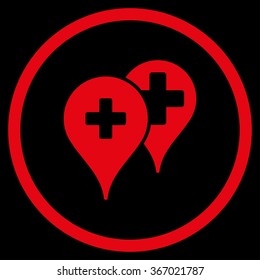 Medical Map Markers vector icon. Style is flat circled symbol, red color, rounded angles, black background.