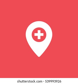 Medical Map Pin With Cross Flat Icon On Red Background