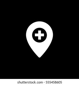 Medical Map Pin With Cross Flat Icon On Black Background