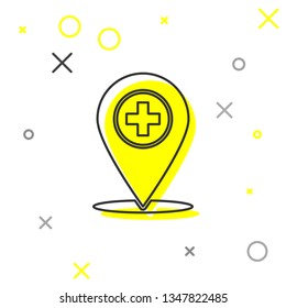 Medical map pointer with cross hospital line icon isolated on white background. Vector Illustration