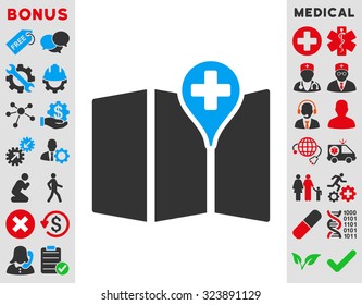 Medical Map vector icon. Style is bicolor flat symbol, blue and gray colors, rounded angles, white background.