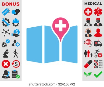 Medical Map vector icon. Style is bicolor flat symbol, pink and blue colors, rounded angles, white background.