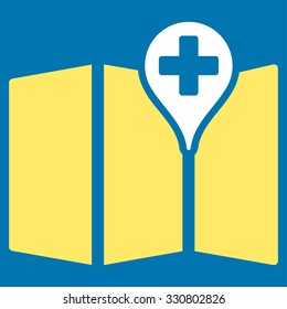 Medical Map vector icon. Style is bicolor flat symbol, yellow and white colors, rounded angles, blue background.