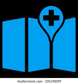Medical Map vector icon. Style is flat symbol, blue color, rounded angles, black background.