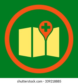 Medical Map vector icon. Style is bicolor flat rounded symbol, orange and yellow colors, rounded angles, green background.