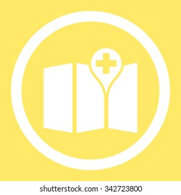 Medical Map vector icon. Style is flat rounded symbol, white color, rounded angles, yellow background.
