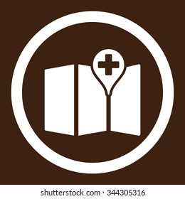 Medical Map vector icon. Style is flat rounded symbol, white color, rounded angles, brown background.