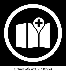 Medical Map vector icon. Style is flat rounded symbol, white color, rounded angles, black background.