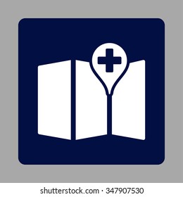 Medical Map vector icon. Style is flat rounded square button, white and dark blue colors, silver background.