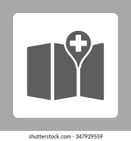 Medical Map vector icon. Style is flat rounded square button, dark gray and white colors, silver background.