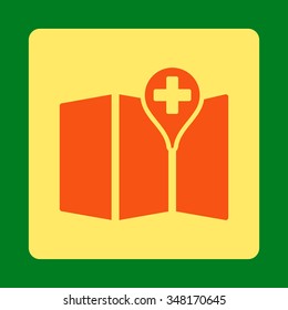 Medical Map vector icon. Style is flat rounded square button, orange and yellow colors, green background.