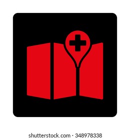 Medical Map vector icon. Style is flat rounded square button, intensive red and black colors, white background.