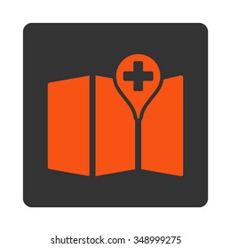 Medical Map vector icon. Style is flat rounded square button, orange and gray colors, white background.